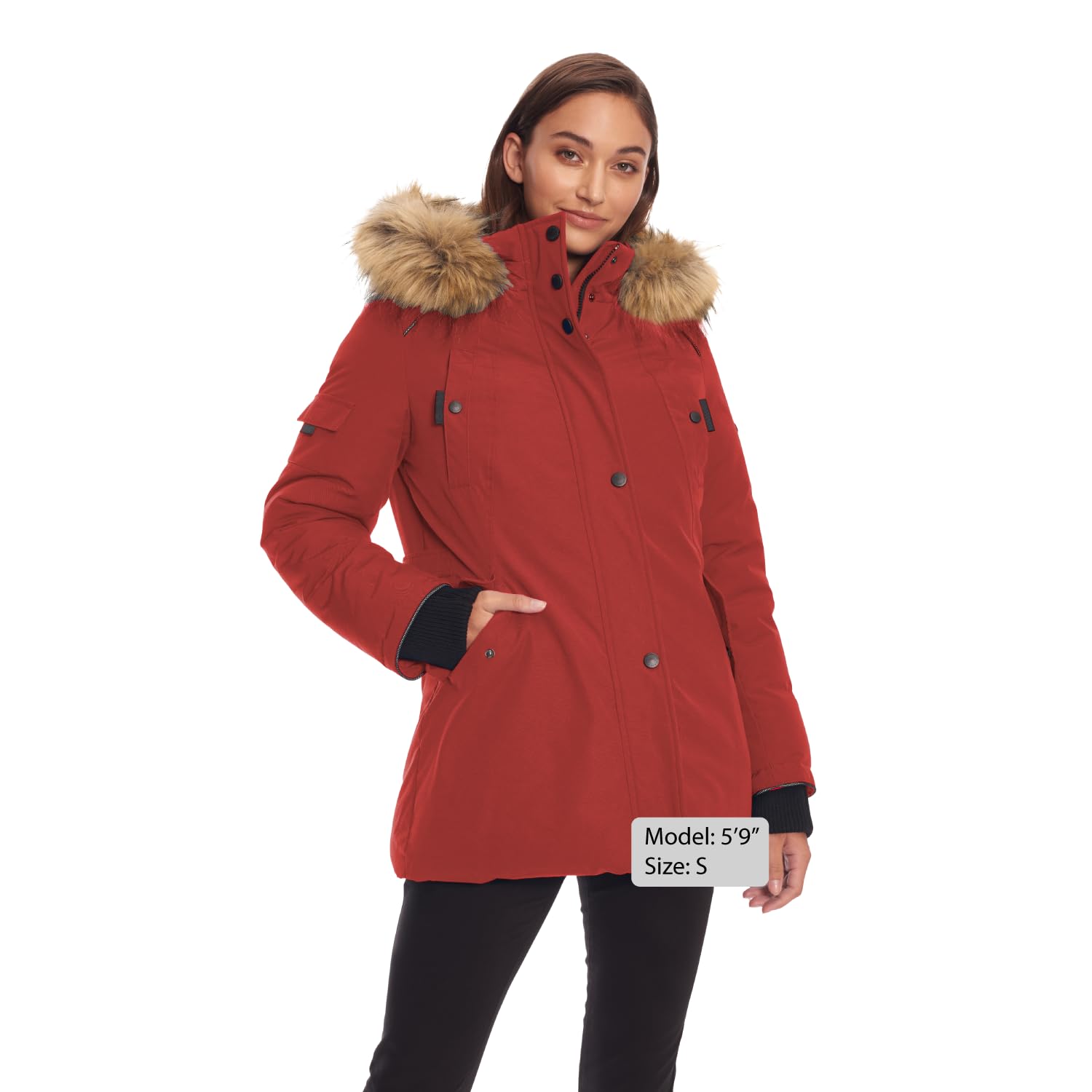 ALPINE NORTH Glacier Women’s Vegan Down Winter Coat with Faux Fur Hood - Parka Jacket for Women, Crimson, Small
