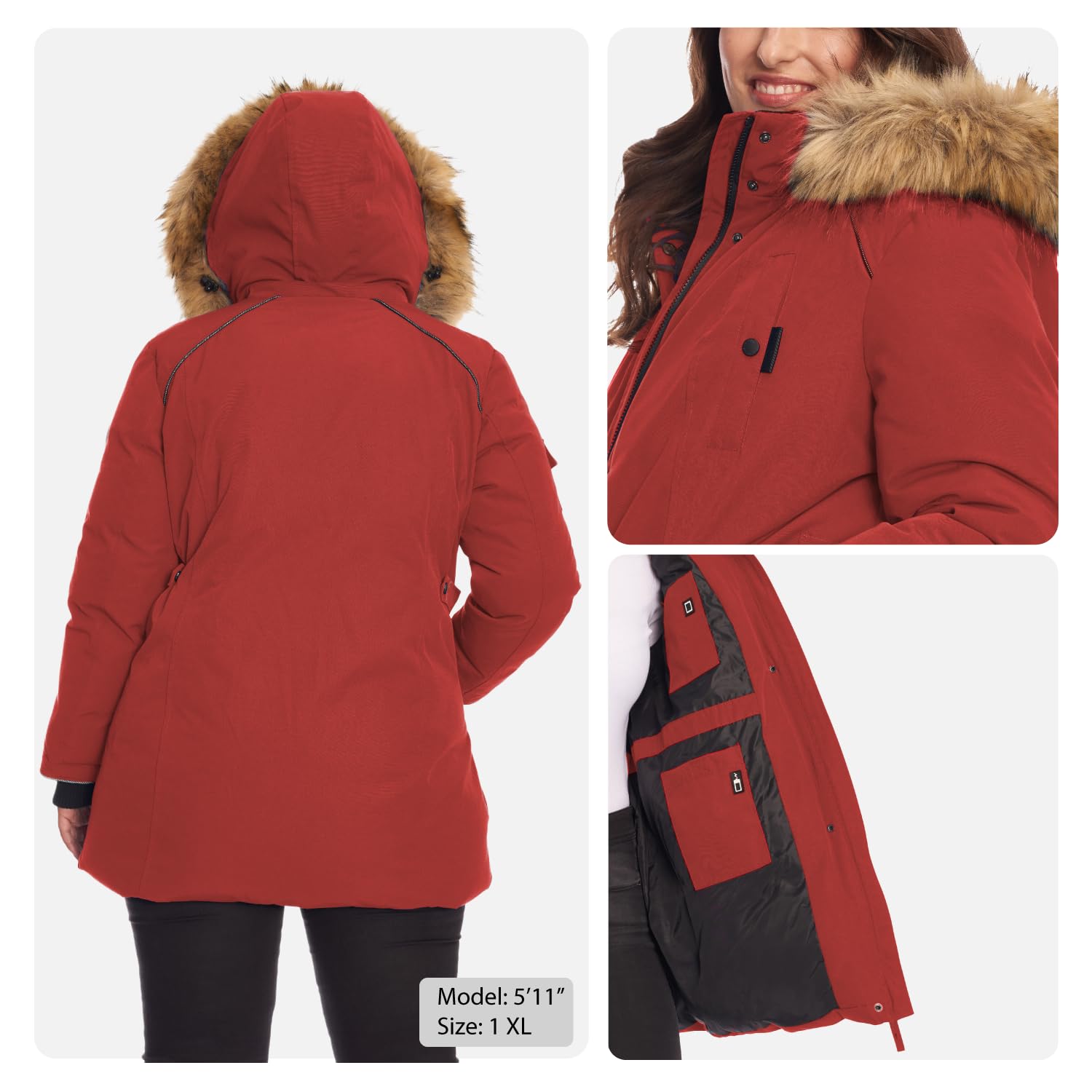 ALPINE NORTH Glacier Women’s Vegan Down Winter Coat with Faux Fur Hood - Parka Jacket for Women, Crimson, Small