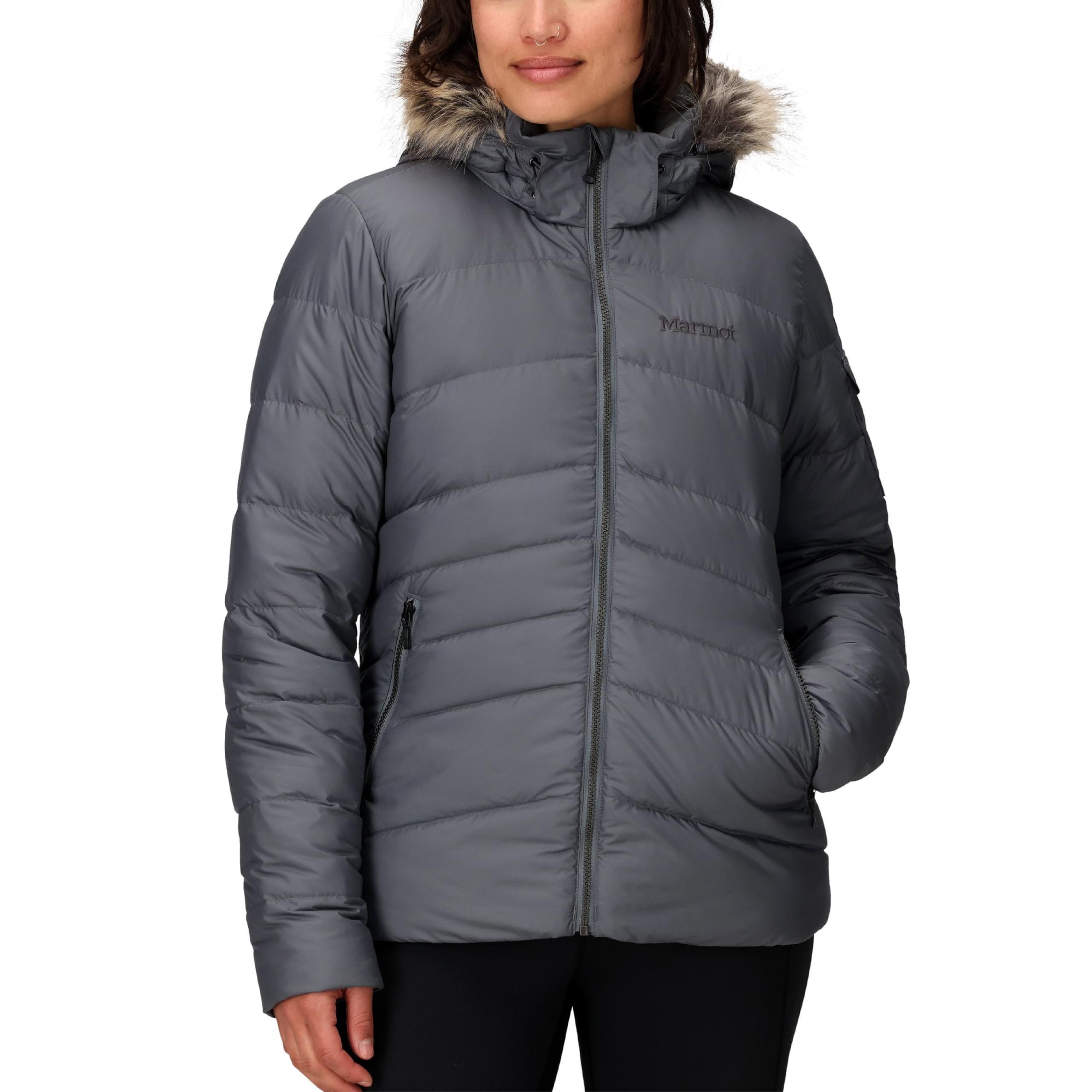 MARMOT Women's Ithaca Jacket - 700-Fill Down-Insulated, Water-Resistant Coat with Zip-Off Hood and Removable Fur Ruff, Steel Onyx, X-Large