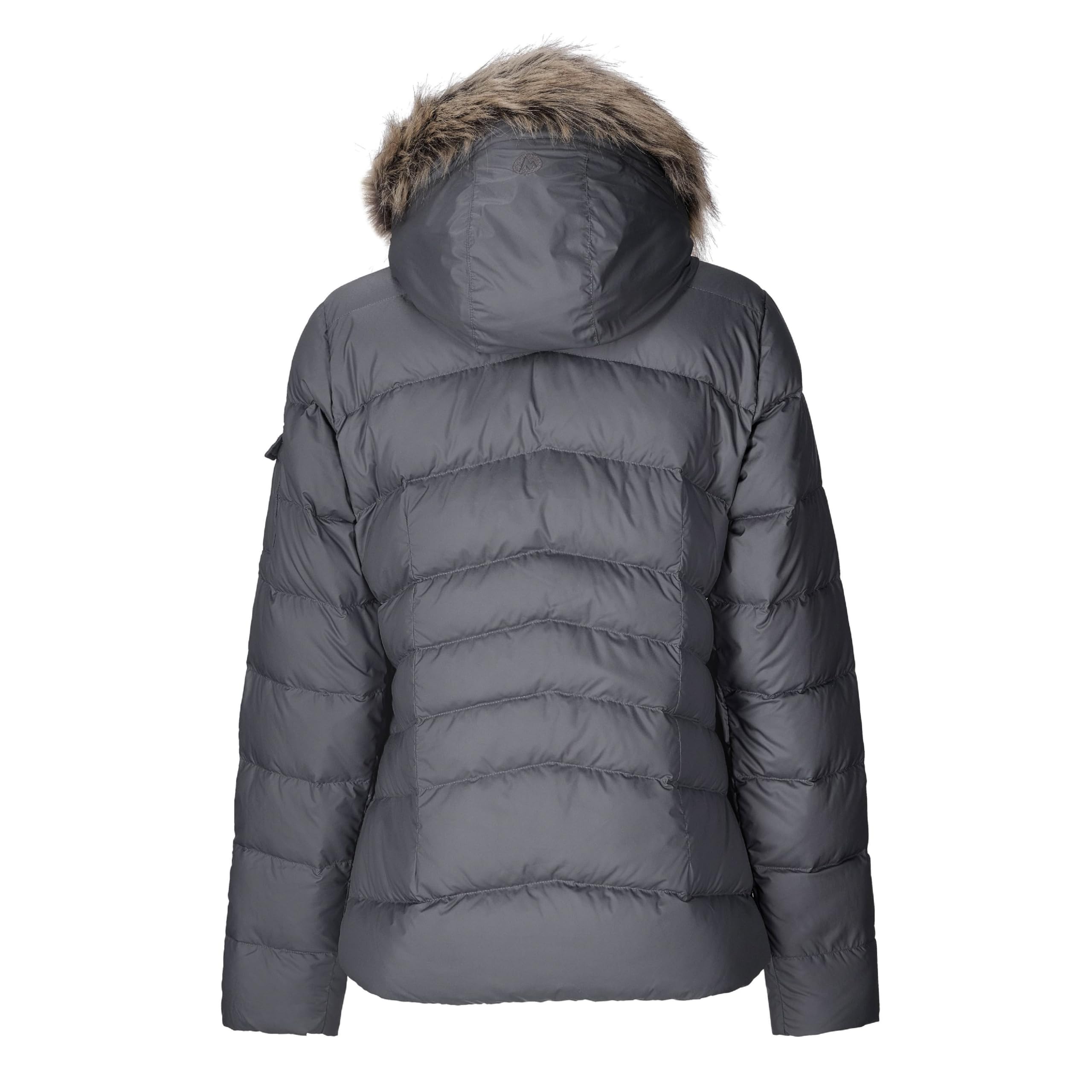 MARMOT Women's Ithaca Jacket - 700-Fill Down-Insulated, Water-Resistant Coat with Zip-Off Hood and Removable Fur Ruff, Steel Onyx, X-Large
