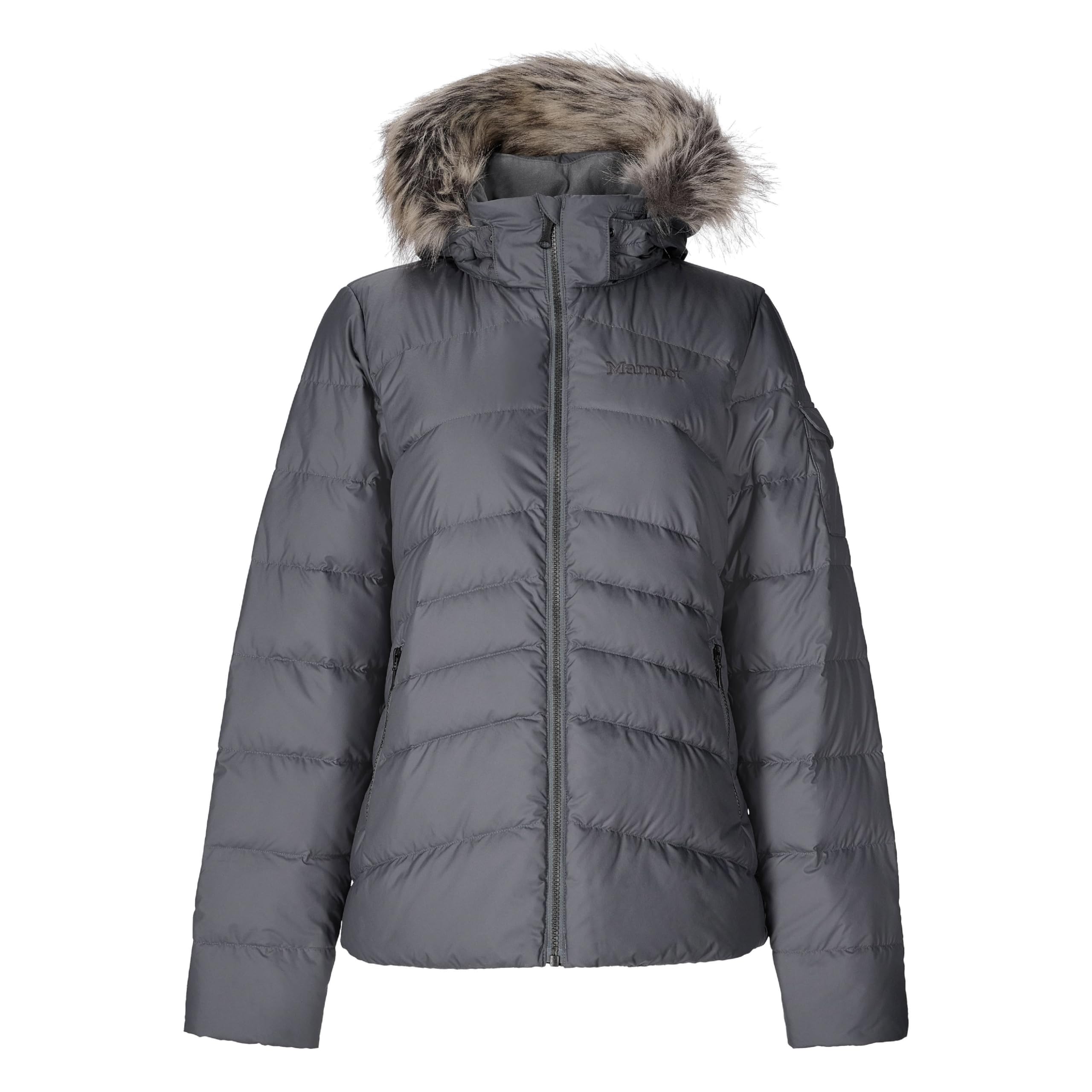MARMOT Women's Ithaca Jacket - 700-Fill Down-Insulated, Water-Resistant Coat with Zip-Off Hood and Removable Fur Ruff, Steel Onyx, X-Large