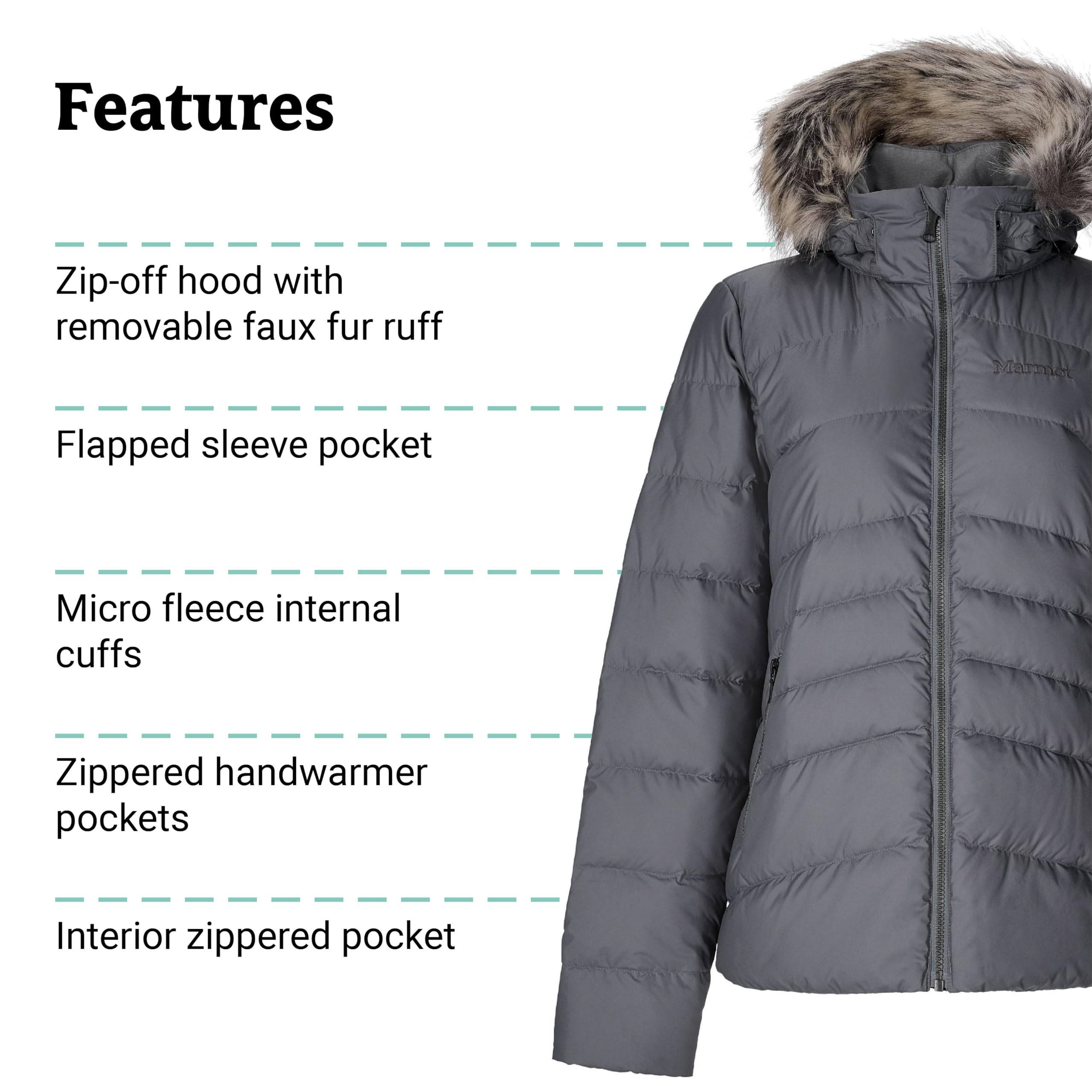 MARMOT Women's Ithaca Jacket - 700-Fill Down-Insulated, Water-Resistant Coat with Zip-Off Hood and Removable Fur Ruff, Steel Onyx, X-Large