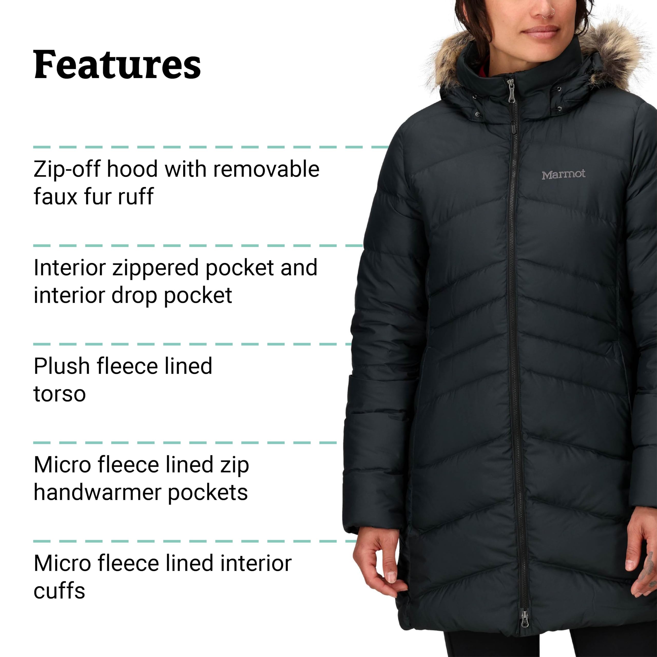 MARMOT Women's Montreal Mid-Thigh Length Down Puffer Jacket, Black, X-Large